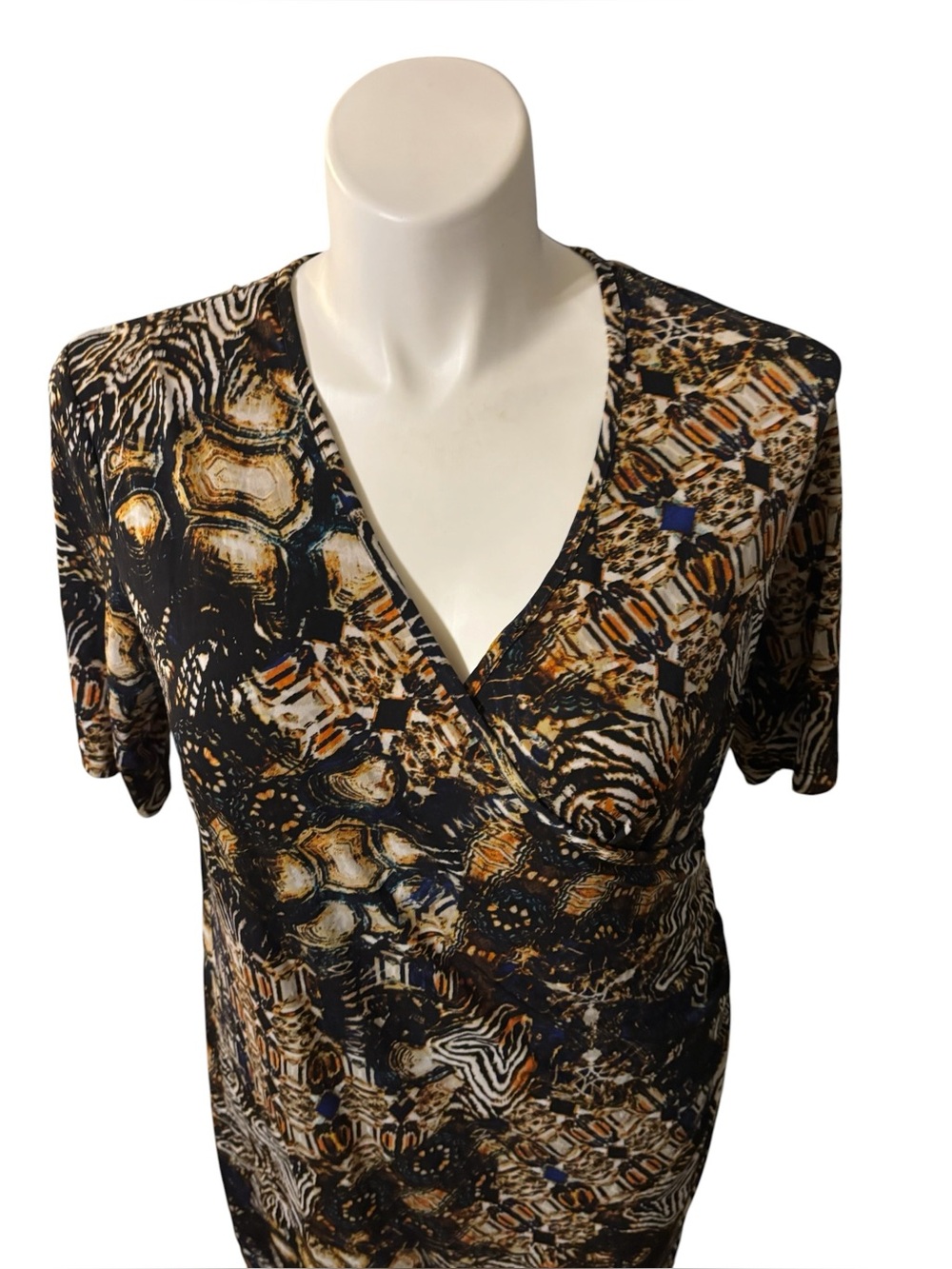 Cato 16 Dress Short Sleeve V-Neck side zip Midi Rouch Black Tan Print - Picture 4 of 9